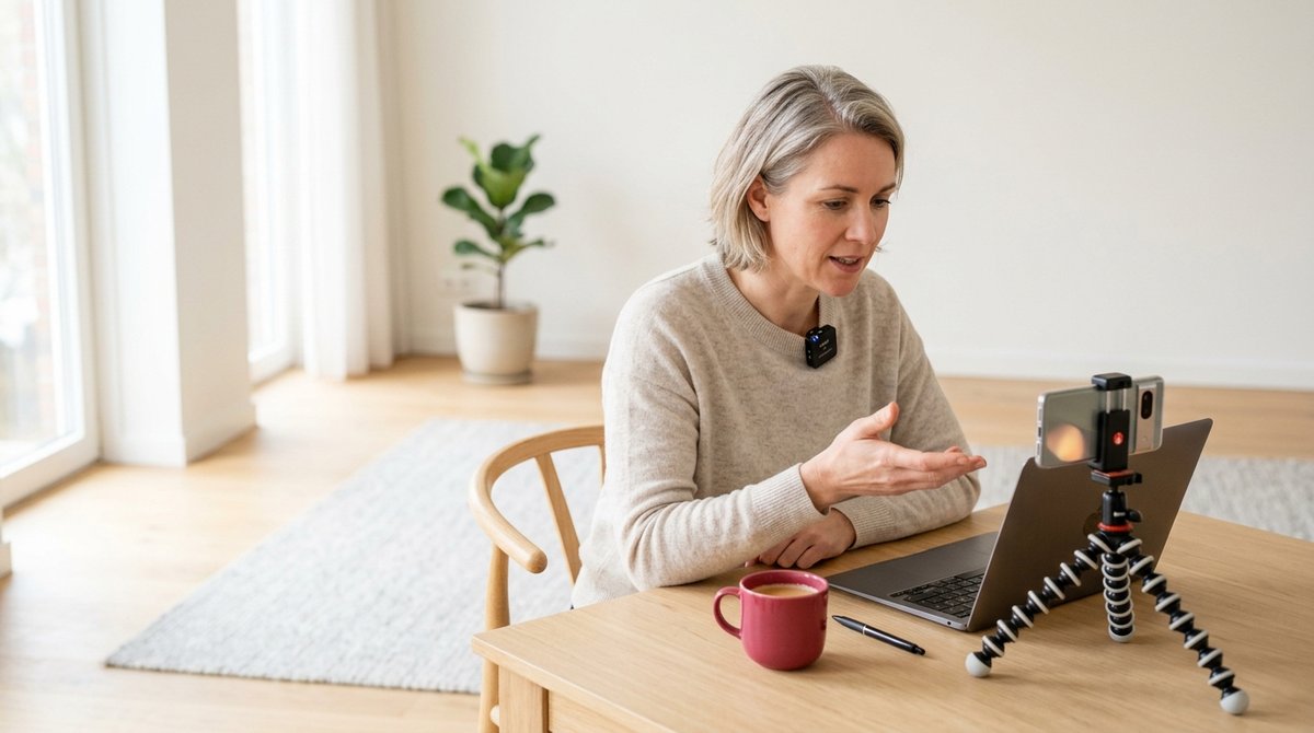 Een trainer neemt aan een lichte tafel een les op met haar telefoon op een klein statief
