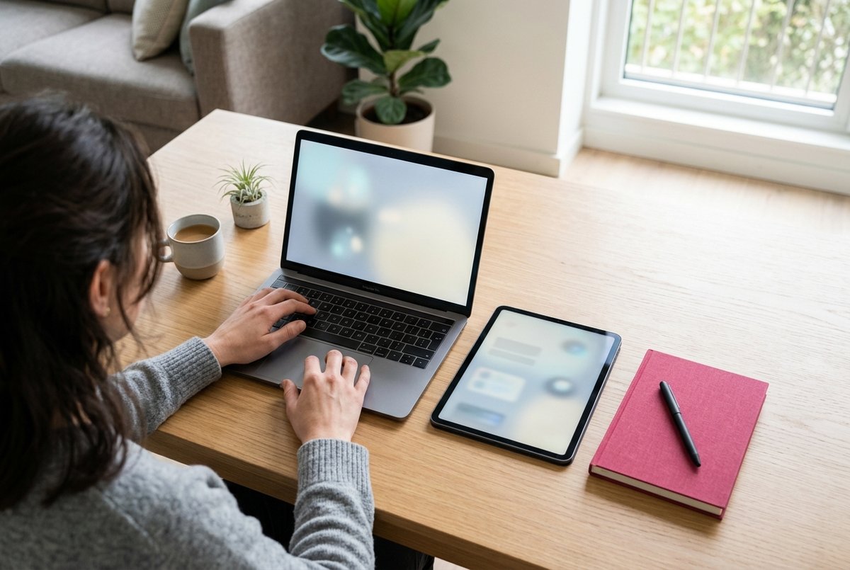 Een laptop en een tablet naast elkaar op een opgeruimd bureau