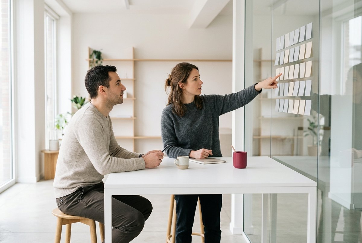 Twee mensen aan een witte tafel ordenen lege memobriefjes op een glazen wand