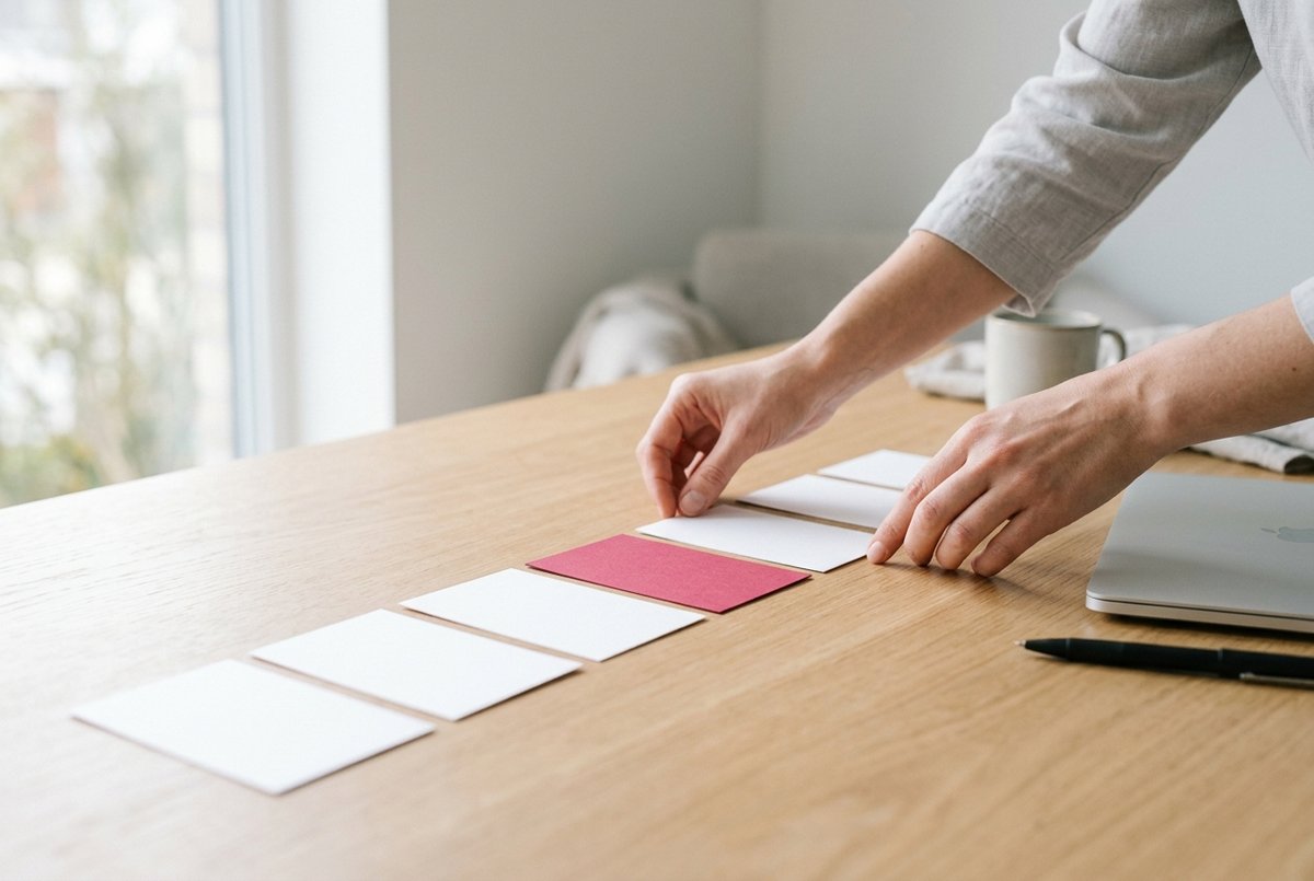 Handen leggen witte kaarten op volgorde op een eiken tafel, met één rode kaart in het midden