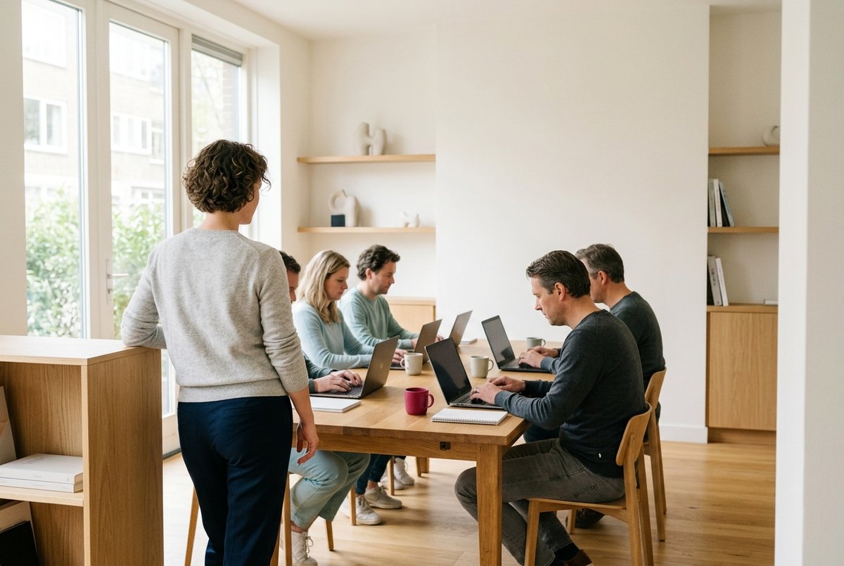Een trainer kijkt achter in een lichte zaal mee met een kleine groep cursisten aan laptops
