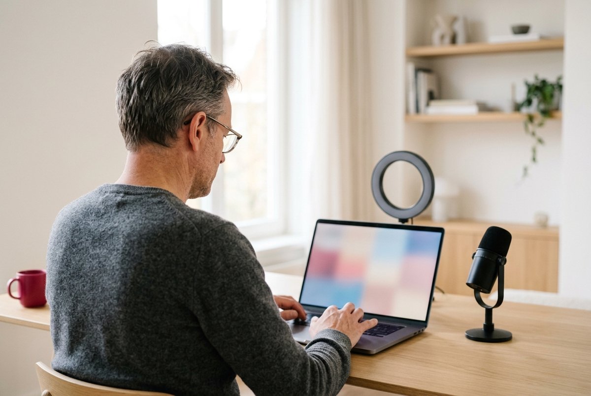 Een man met leesbril werkt aan een laptop naast een ringlamp en een microfoon