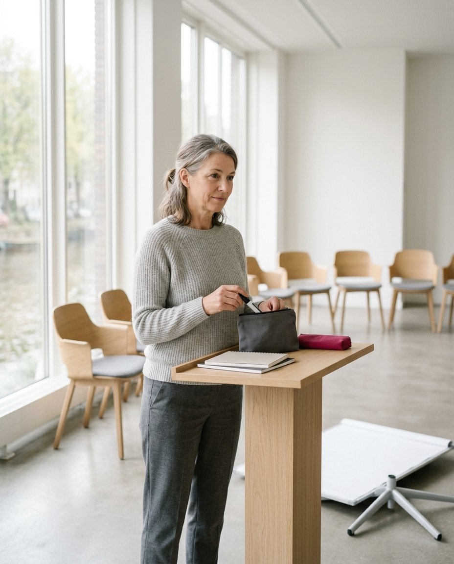 Een ervaren trainer ruimt na een klassikale sessie haar spullen op in een lichte zaal